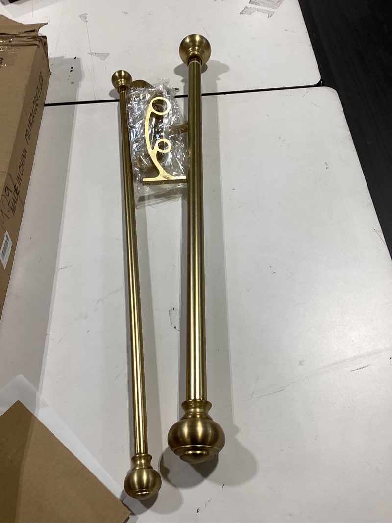 Condition photo showing Good Condition for warm gold decorative curtain rods, 28 to 48 inch with urn finials, telescoping window treatment rod warm gold 28-48"