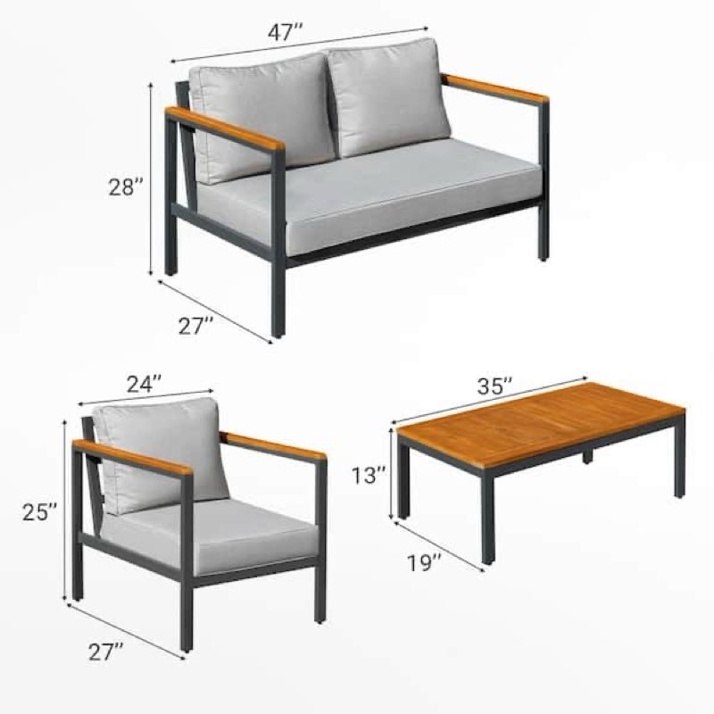 Chillrest Deluxe 4-Piece Acacia and Steel Patio Conversation Set with Ice Gray Cushion(incomplete box 2/2)