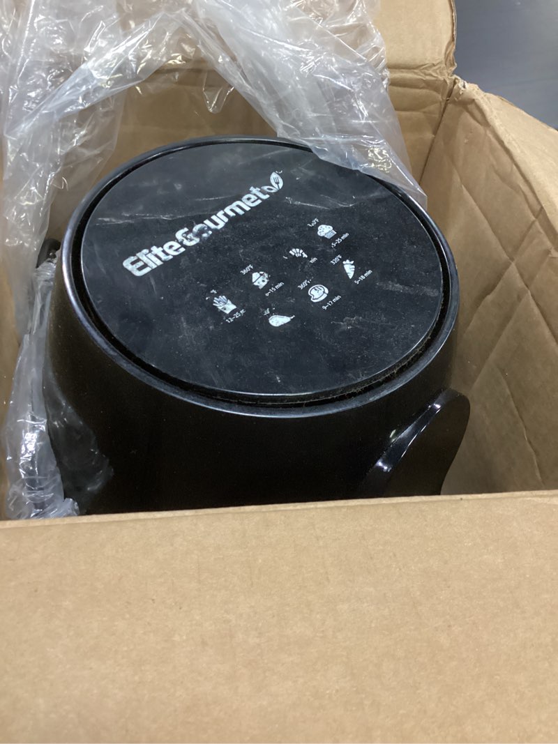 Condition photo showing As Is for elite gourmet eaf5317d digital 5.3qt hot air fryer 7 menu functions 1350w oil-less healthy cooker, timer & temperature controls, pfoa/ptfe free, black 5.3 quart