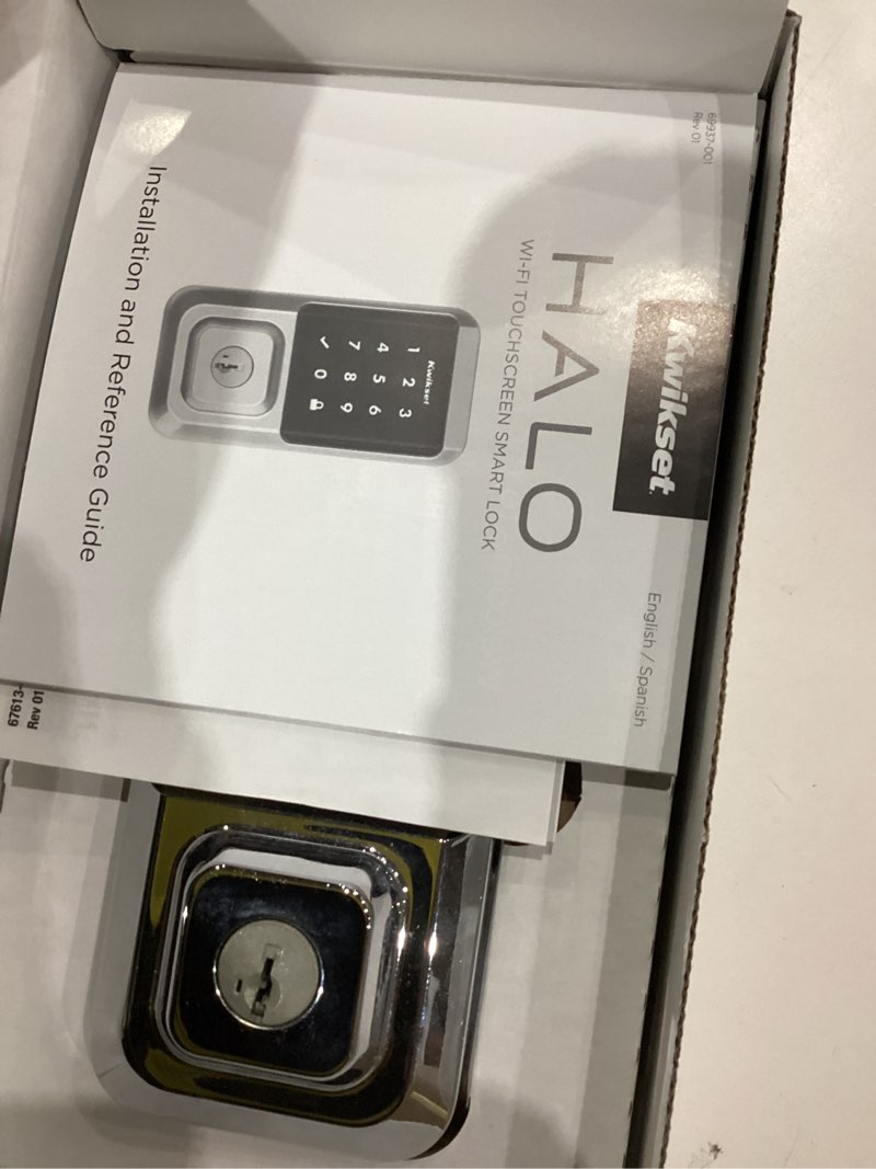 Condition photo showing item condition for Kwikset Halo Wi-Fi Smart Lock, Keyless Entry Door Deadbolt, Geofence Auto-Unlock, Grade AAA Certified, No Hub Required Easy Install, Polished Chrome Lifetime Finish Warranty, Touchscreen Polished Chrome Smart Lock