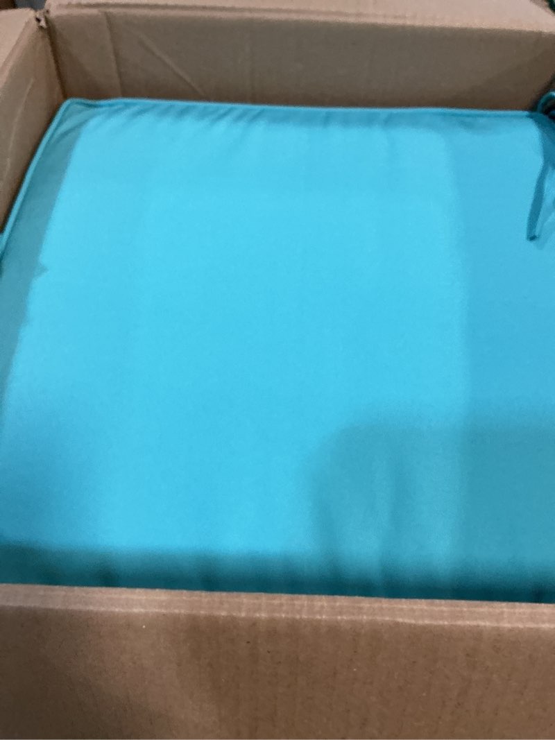 Condition photo showing New/Like New for basic beyond outdoor chair cushions for patio furniture, waterproof outdoor seat cushions set of 4 18 x 18, patio chair cushions set of 4 with ties and handle, teal teal 18x18x3