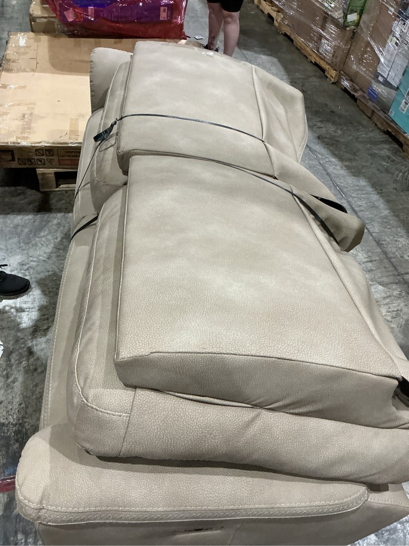 Condition photo showing As Is for signature design by ashley next-gen durapella power reclining sofa with adjustable headrest, usb, extended ottoman, faux leather, 80" w x 42" d x 42" h, beige sand beige sofa