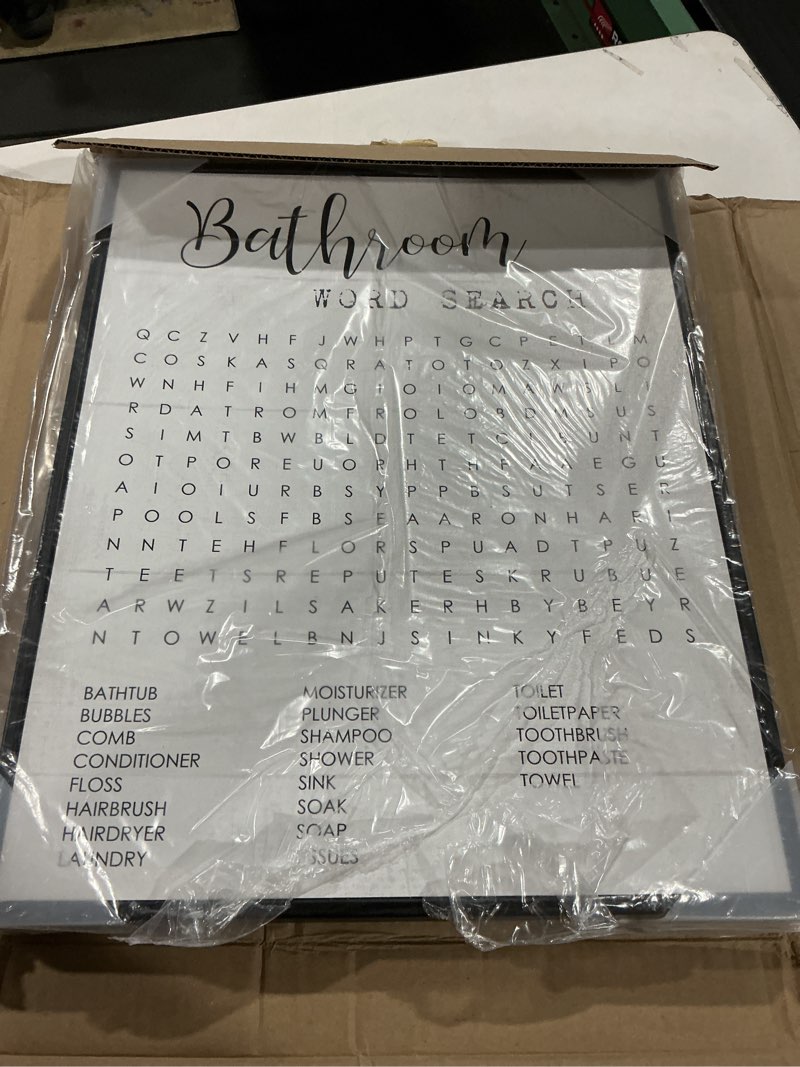 Condition photo showing As Is for stupell industries bathroom search fun family word, design by daphne polselli wall art, 16 x 20, black midnight black frame bathroom word search family fun 20"l x 16"w