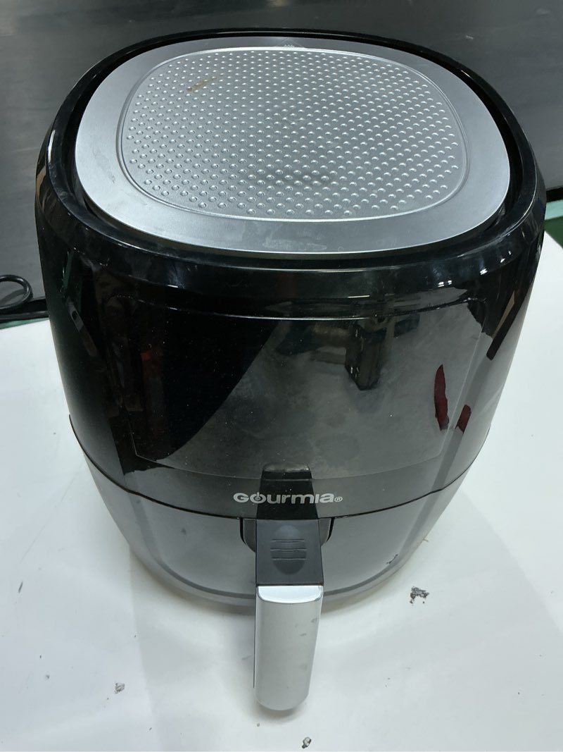 Condition photo showing As Is for gourmia air fryer - 6 qt large capacity, fryforce 360º, digital display with 12 presets, roast, bake, broil, dehydrate, dishwasher safe accessories, black 6 quart black