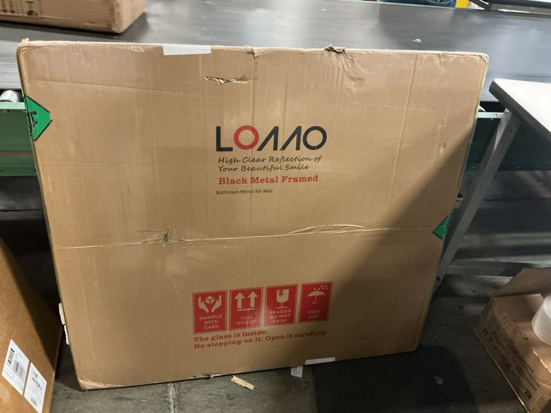 Condition photo showing New/Like New for LOAAO 40X36 Inch Black Metal Framed Bathroom Mirror for Wall, Matte Black Bathroom Vanity Mirror Farmhouse, Anti-Rust, Tempered Glass, Hangs Horizontally or Vertically Black 40"L x 36"W