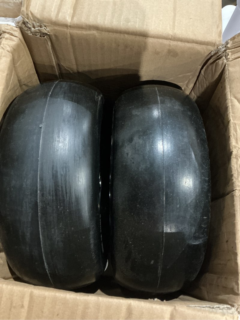 Condition photo showing As Is for 2 x 11 x 4.00-5 lawn mower tires and wheels, 3.4-inch centered hub, 3/4" and 5/8" bearings, 11 x 4-5 solid tires, smooth tread, replacement for | 3.4"-4.8" centered hub, 3/4" and 5/8" bearings, replacement for zero-turn mower, smooth tread, gray