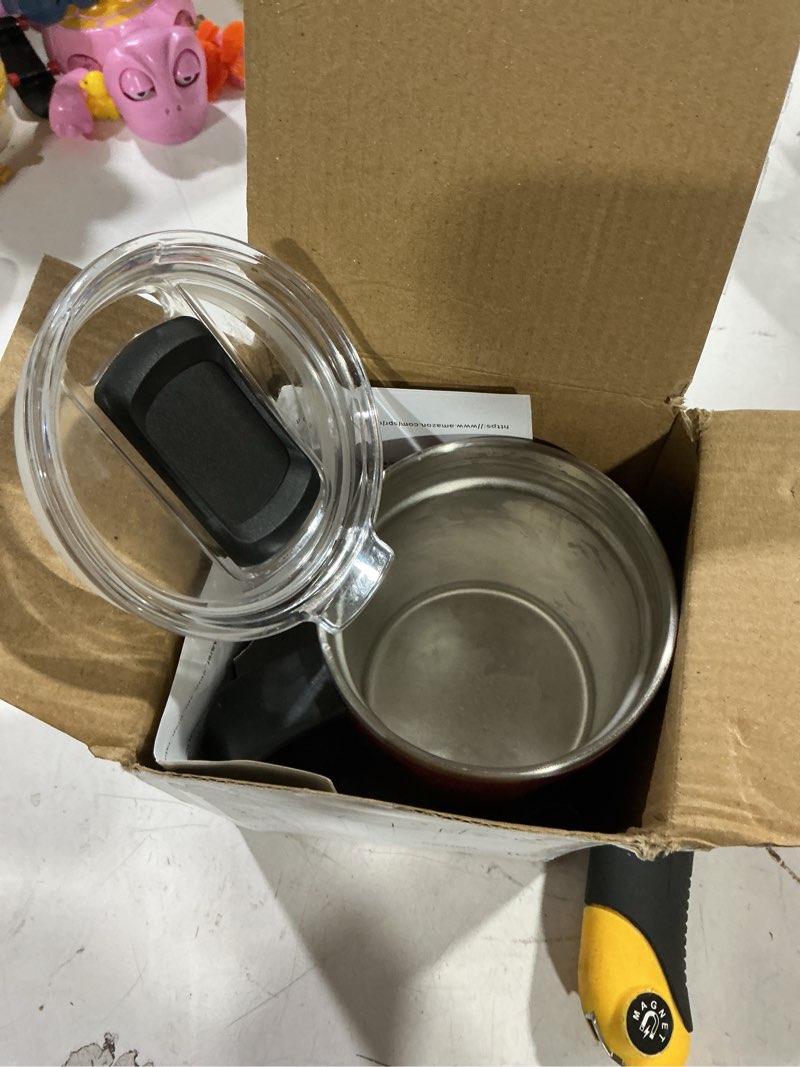 Condition photo showing As Is for ideus 16 oz coffee cup, stainless steel coffee travel mug, spill proof tea mug with handle and lid, lightweight and durable, great for office home and outdoor use, burgundy-fuji flow