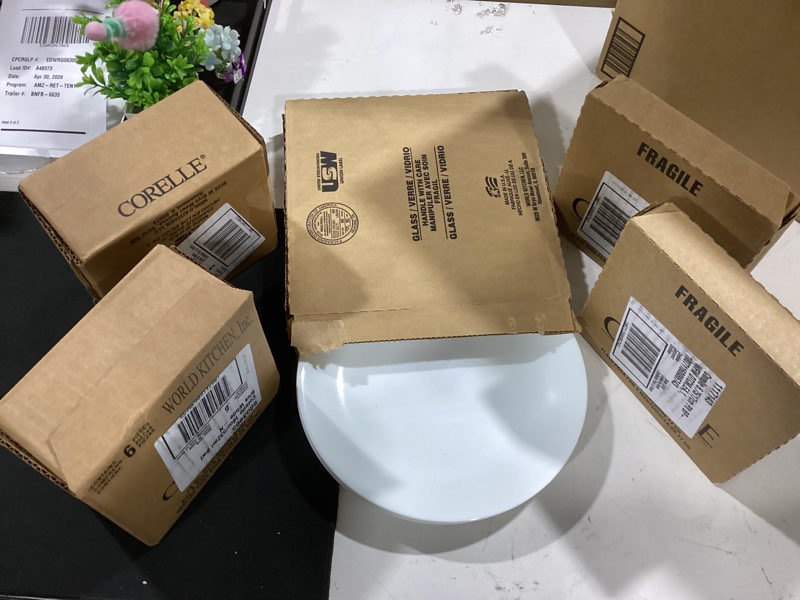 Condition photo showing New/Like New for corelle vitrelle 38-piece service for 12 dinnerware set, triple layer glass and chip resistant, lightweight round plates and bowls set, winter frost white 38 piece frost white
