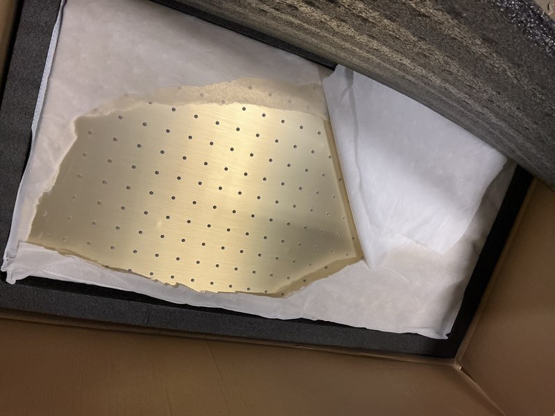 Condition photo showing Good Condition for dual shower heads system 16"x32" ceiling mount rainfall and 6" wall mounted shower heads with 6 body jets thermostatic shower valve full body shower system can all run together brushed gold