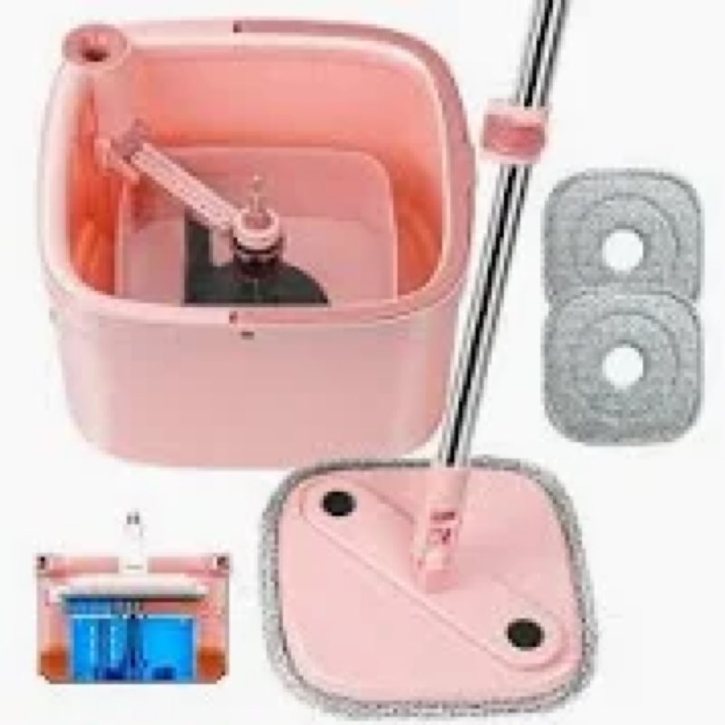 Spin Mop and Bucket Set Floor Wall Window House-cleaning Self-clean Pink +2 Pads