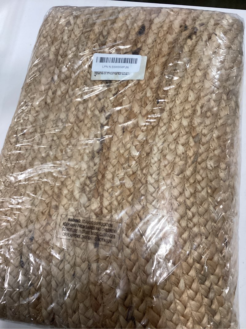 Condition photo showing Good Condition for jute braided area rug, 4 feet round jute braided rug, stain resistan natural handmade circle boho area rug for entryways, living room, bedroom, farmhouse vintage decor, reversible rug 4' (round) braided rug