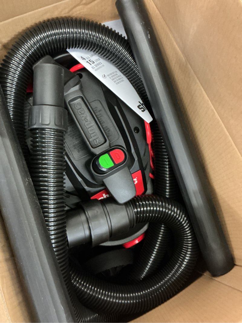 Condition photo showing As Is for shop-vac 4-gallon 6 hp corded wet/dry shop vacuum with accessories included