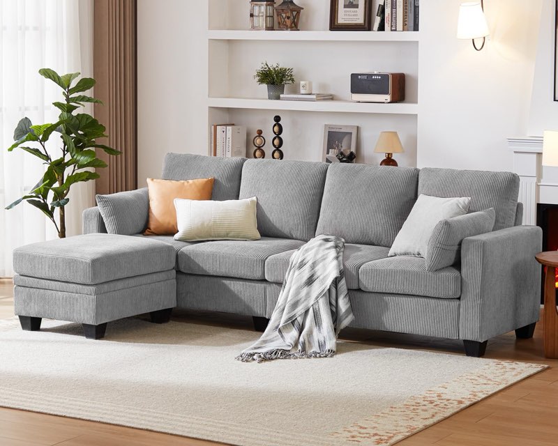 (Incomplete)Corduroy Convertible Sectional Sofa with Chasie, L Shaped 4-seat Sectional Couch with Storage Ottoman (Dark Grey)