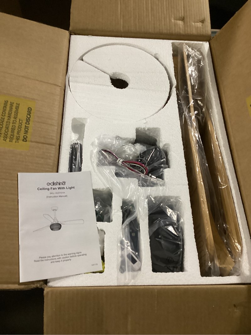 Condition photo showing New/Like New for edishine 52" boho ceiling fans with lights, wickerwork cage & 3-abs blades, 10%-100% dimmable, 1/2/4/6h timer, remote control, 6 speeds, indoor noiseless rattan ceiling fan for living room, bedroom bohemian 52 inch