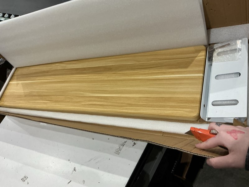 Condition photo showing As Is for dual monitor stand riser, 39 inch large wood monitor stands for 2 monitors, desk monitor riser for computer/laptop/printer/tv, stand riser up to 220 lbs oak (white legs)
