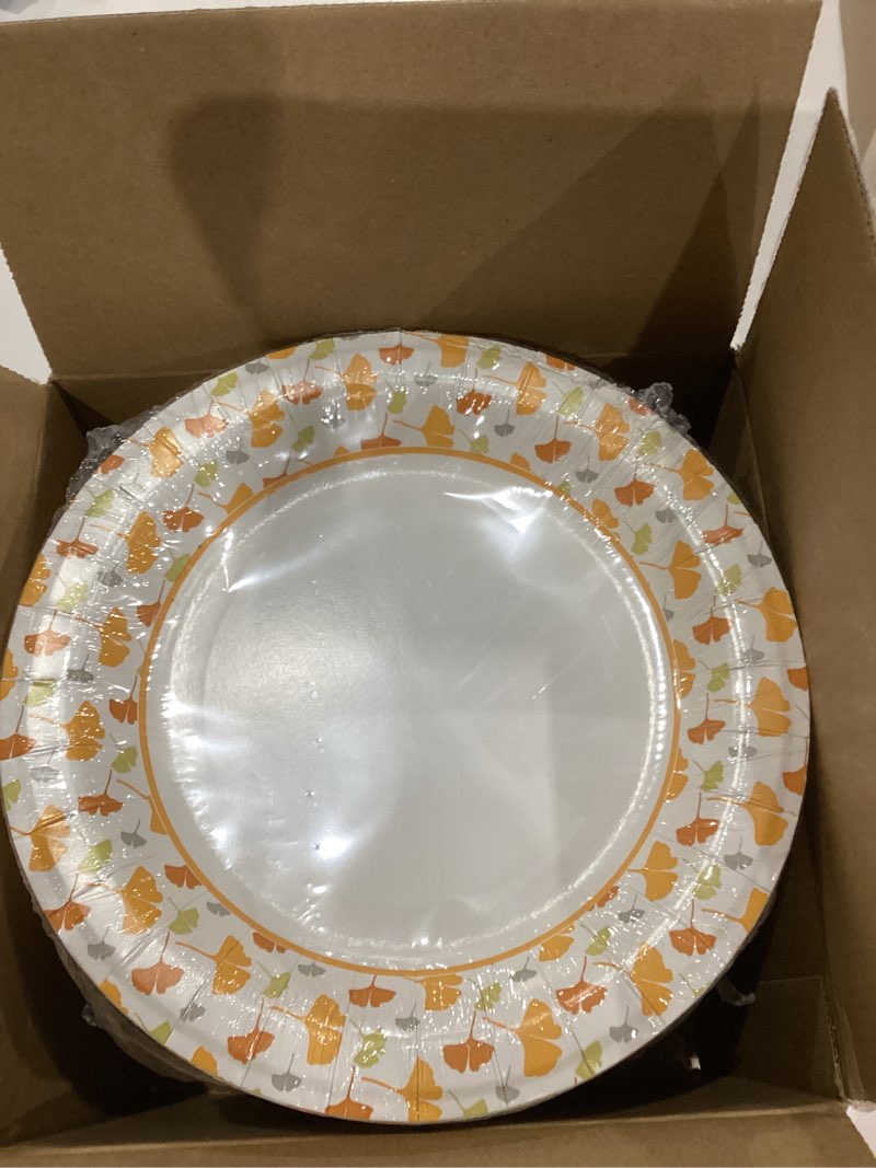 Condition photo showing As Is for Ginkgo Paper Plates 8.5 Inch Bulk 150 Count, Thickened Heavy Duty Disposable Paper Plates for Party and Dinner