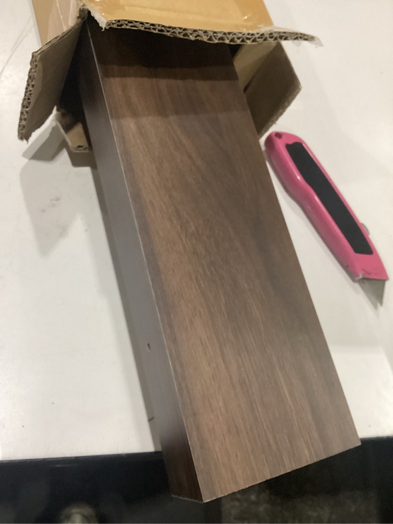 Condition photo showing New/Like New for axeman picture ledge shelf | 16 inch walnut floating shelves set of 4 | rustic wood wall shelves with lip | 16" picture shelves for wall with ledge | walnut photo shelves walnut 16 inch
