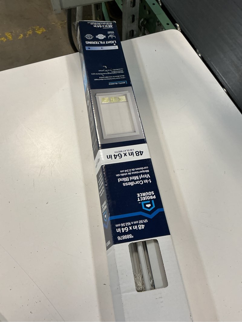 Condition photo showing As Is for project source light filtering 1-in slat width 48-in x 64-in cordless white vinyl light filtering mini-blinds