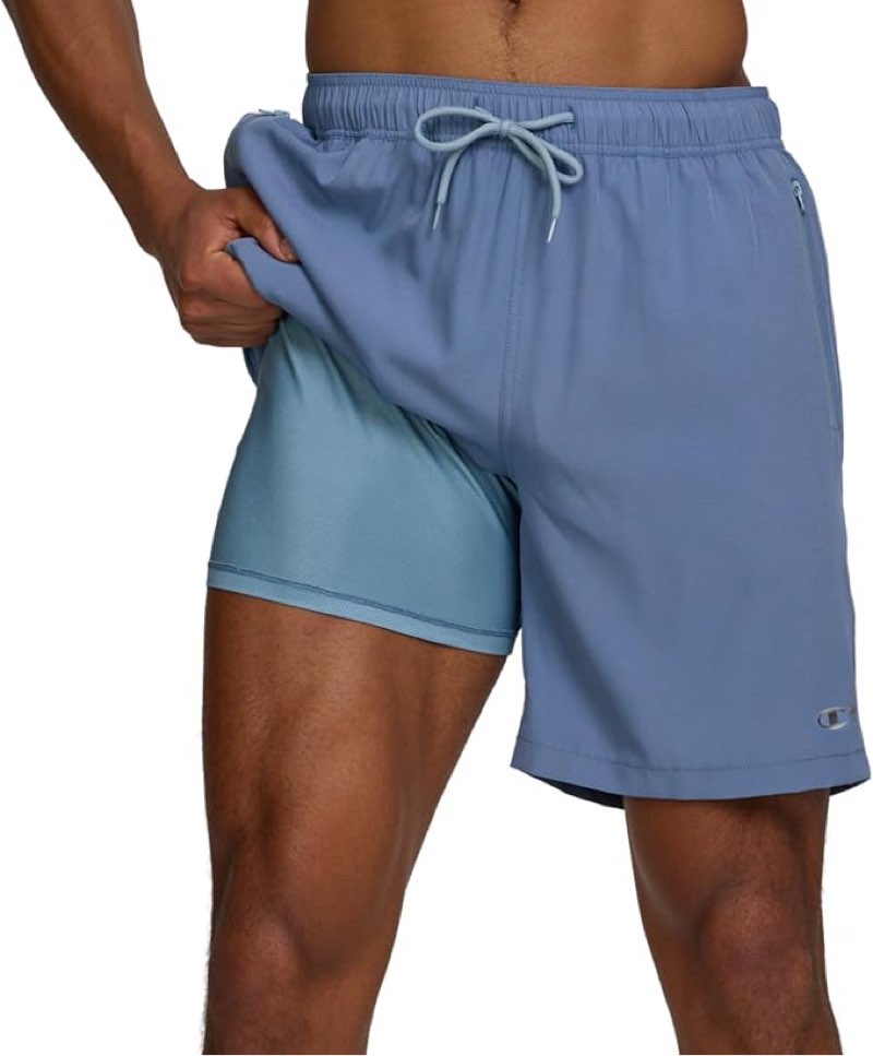 champion mens swim trunks with compression liner, 2 in 1 mens bathing suit shorts, 7 inch inseam board shorts for swimming, cloudy blue, xx-large