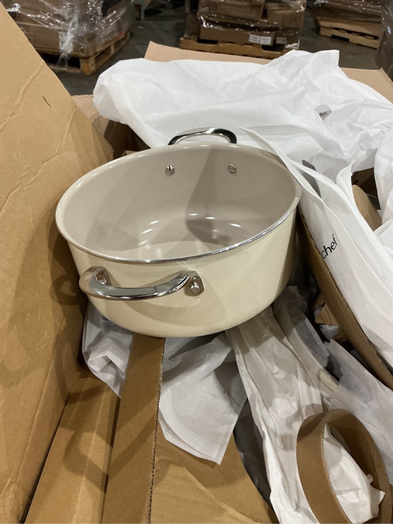 Condition photo showing As Is for redchef ceramic nonstick cookware set,14pcs pots and pans set non stick,induction cookware with stainless steel handle,non toxic kitchen cooking set,dishwasher & oven safe,pfas pfoa & ptfe free beige 14pc cookware sets