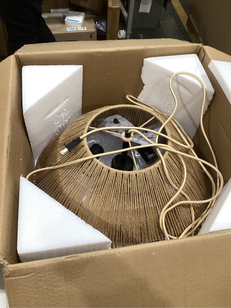 Condition photo showing Good Condition for 19.68" Plug in Pendant Light, 3-Light Rattan Hanging Lights with Plug in Cord, Boho Plug in Hanging Ceiling Light Fixture with Dimmable Switch, Hand Woven Wicker Hanging Lamp for Dining Room Brown-Plug in 3-Light