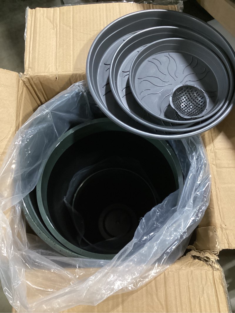 Condition photo showing Good Condition for 24,21,11 inch large plastic planters with drainage hole and saucer - set of 3 tall plant pots indoor flower pot tall round planters outdoor large tall planter dark green