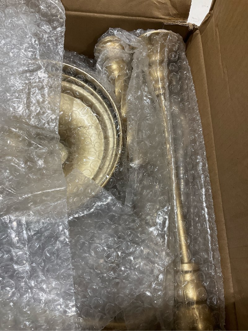 Condition photo showing Good Condition for metal candelabra gold candle stand 20in tall, 5-candle candlestick holder for taper candles, candle holder for wedding centerpiece christmas valentine holiday party event reception decor, 2pcs | 5 arm 20" tall, candlestick holder for wedding christmas valentines holiday birthday event reception bridal shower home decor