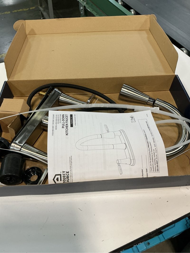 Condition photo showing As Is for project source stainless steel double handle deck-mount pull-out kitchen faucet with sprayer