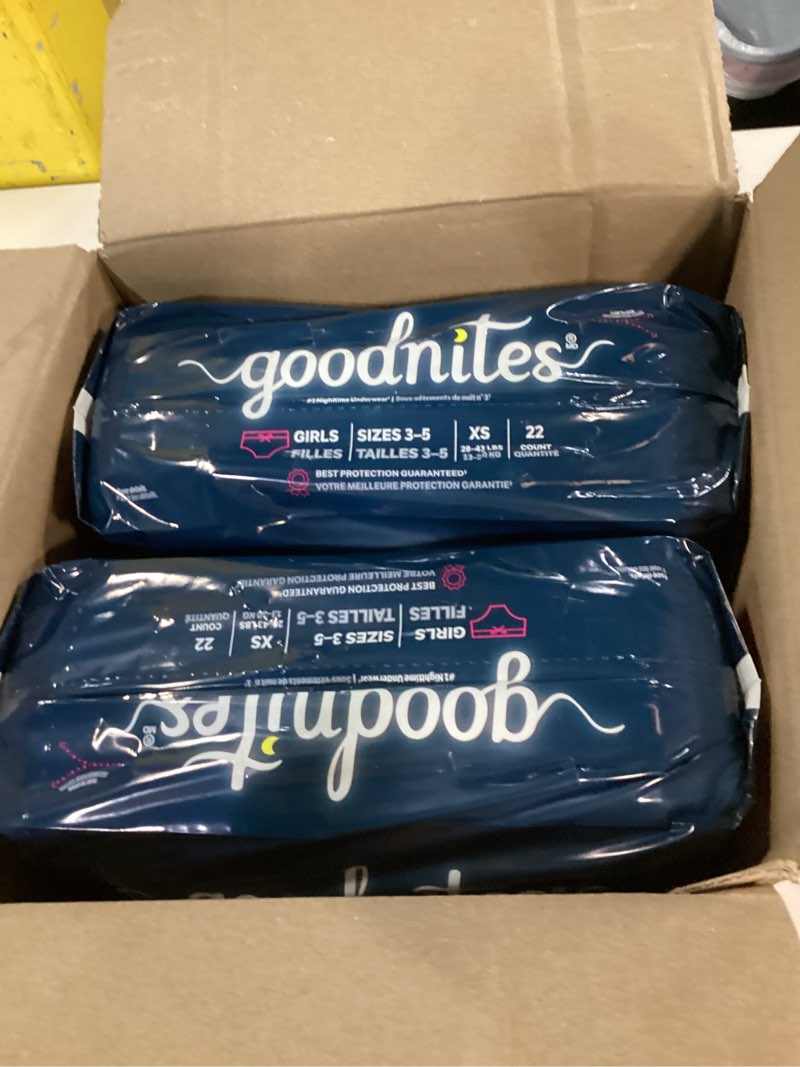 Condition photo showing New/Like New for Goodnites Girls' Nighttime Bedwetting Underwear, Size Extra Small (28-43 lbs), 44 Ct (2 Packs of 22), Packaging May Vary X-Small 44