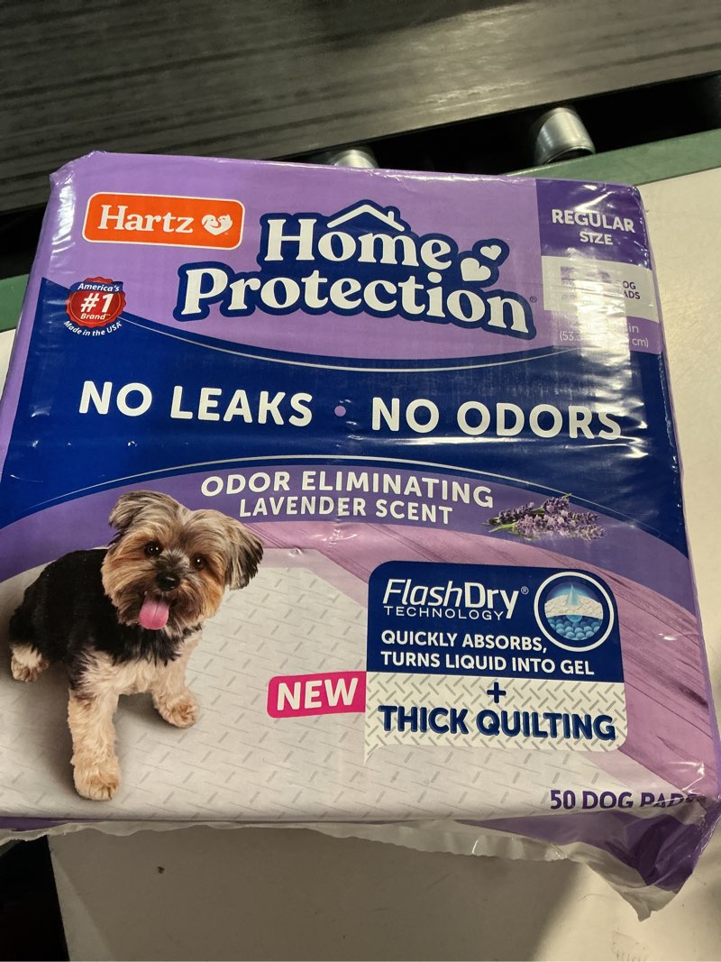 Condition photo showing New/Like New for hartz home protection super absorbent odor eliminating lavender scented no leak dog pads, 50 count 21 x 21 (50 count)