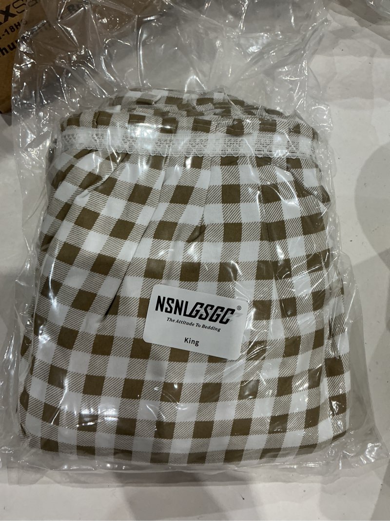 Condition photo showing Good Condition for tan gingham wrap around ruffled bed skirt with lace decor, plaid grid adjustable elastic dust ruffles for full bed, 15 inch drop farmhouse cottage pleated bed frame cover(tan gingham, full) tan gingham full