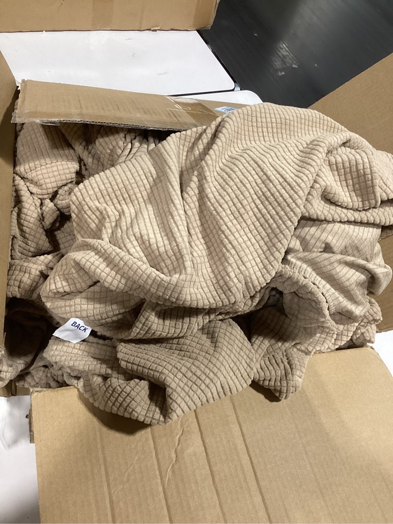 Condition photo showing As Is for nolan interior magic sofa cover - classic jacquard chaise couch cover - pet proof, easy install, stretchy slipcover - medium, camel brown