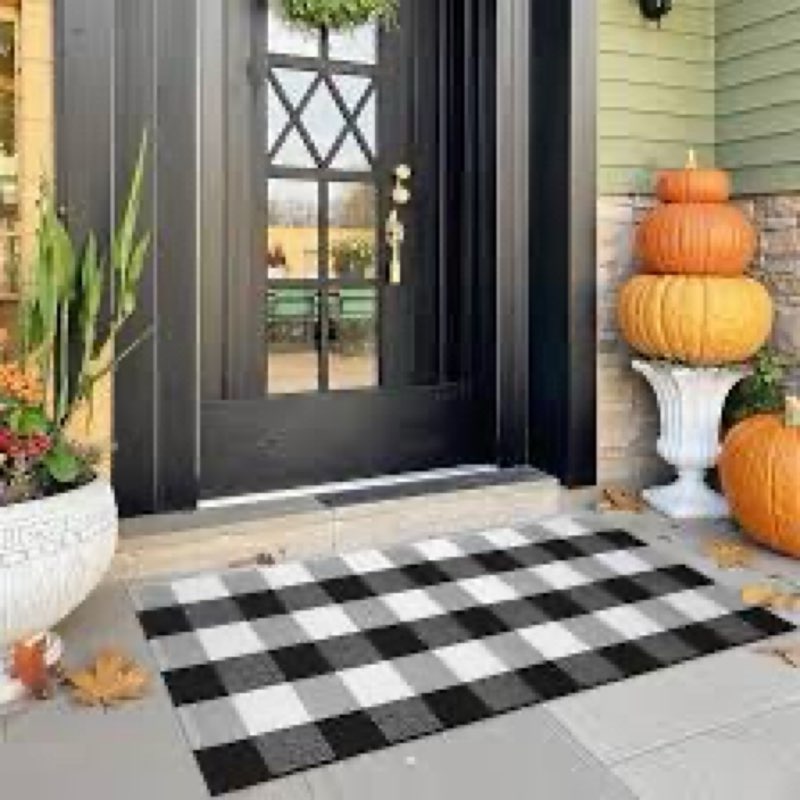 KIMODE Buffalo Plaid Outdoor Checkered Rug 24"x51", Christmas Door Mat Outside Entrance, Black and W