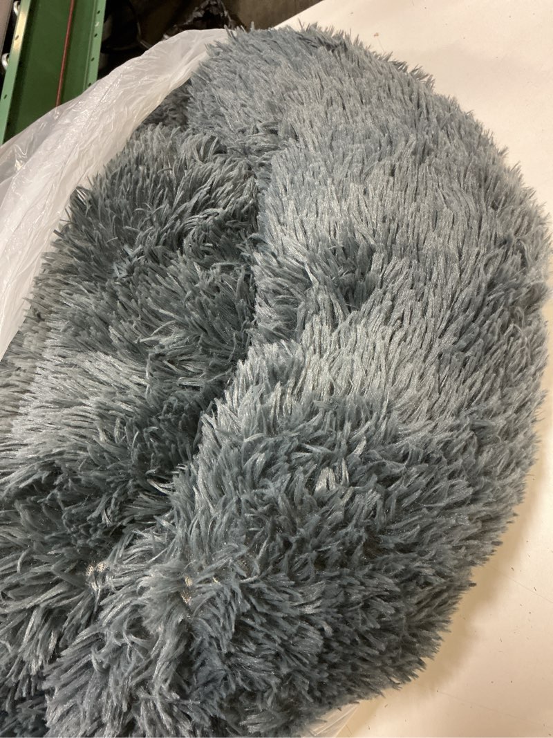 Condition photo showing As Is for WESTERN HOME WH Calming Dog & Cat Bed, Anti-Anxiety Donut Cuddler Warming Cozy Soft Round Bed, Fluffy Faux Fur Plush Cushion Bed for Small Medium Dogs and Cats (20"/24"/27"/30") 27.0"L x 27.0"W x 8.0"Th Navy Grey