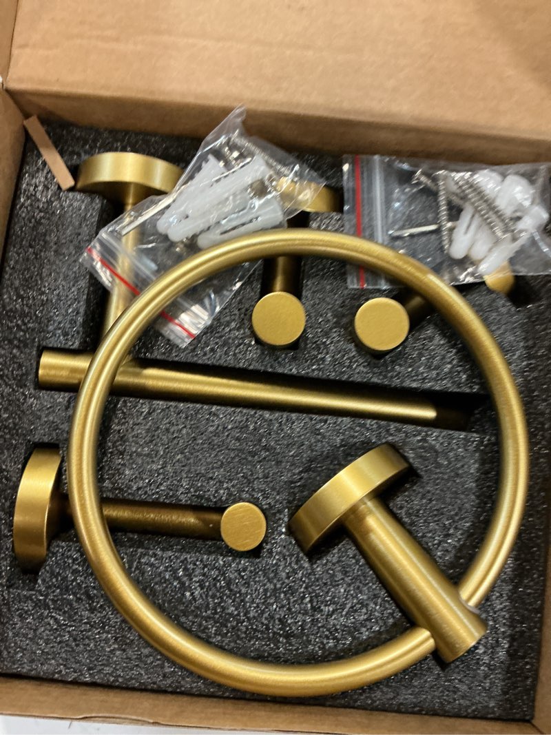 Condition photo showing Good Condition for lairuier brushed gold towel holder set include double bases toilet paper holder,towel ring and 2 towel hooks stainless steel wall mounted bathroom hardware accessories set brushed gold set b