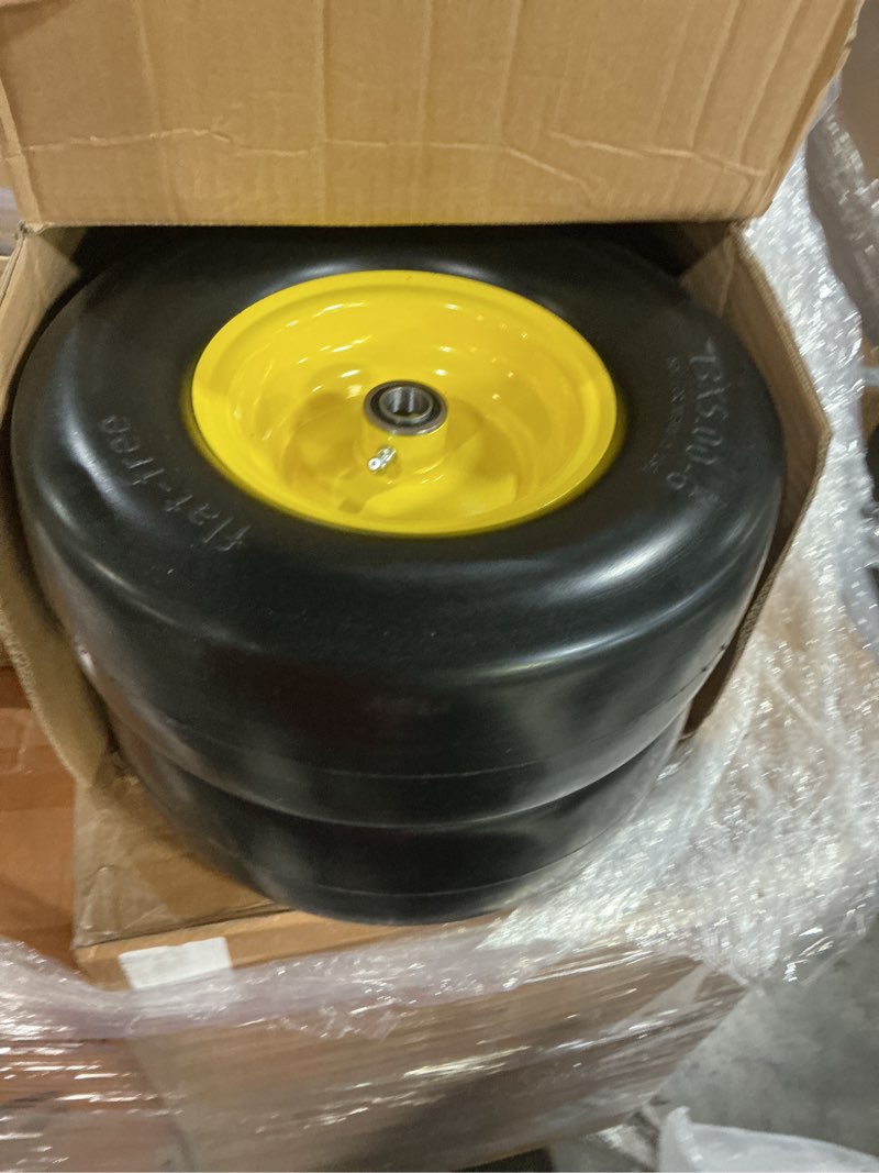 Condition photo showing New/Like New for 13 x 5.00-6 tire and wheel, flat free lawn mower tires with 3/4" & 5/8" bearings, 3.25"-6.25" adjustable hub, 13x5x6 zero turn tires for garden tractors, zero turn mowers, yellow (2 pcs) 13x5.00-6 smooth tread tires (2 pack)