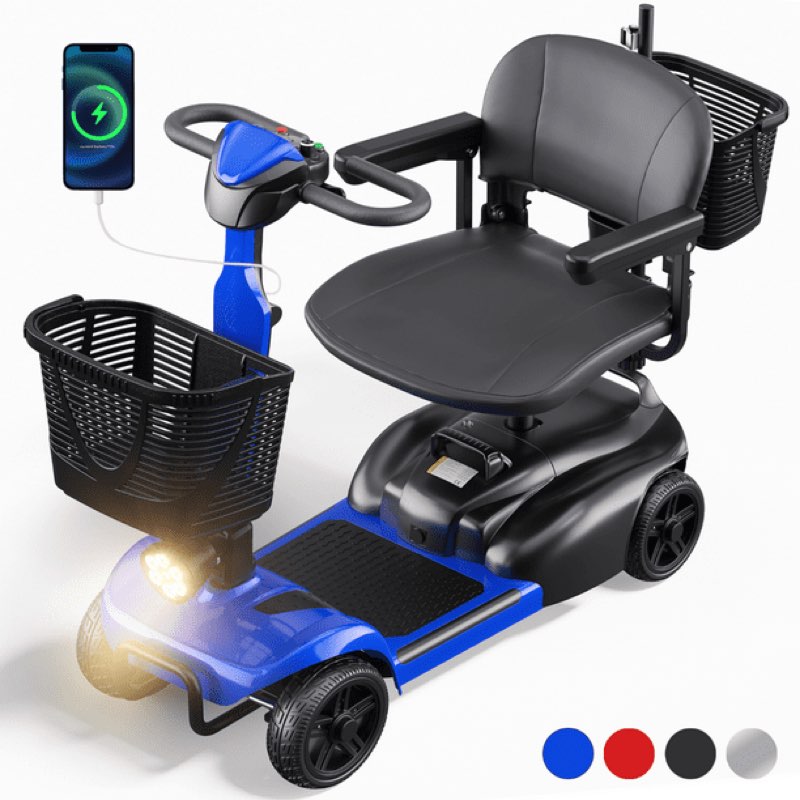 sacvon 4 wheels mobility scooter with cane holder for seniors, electric folding wheelchair device for travel, blue