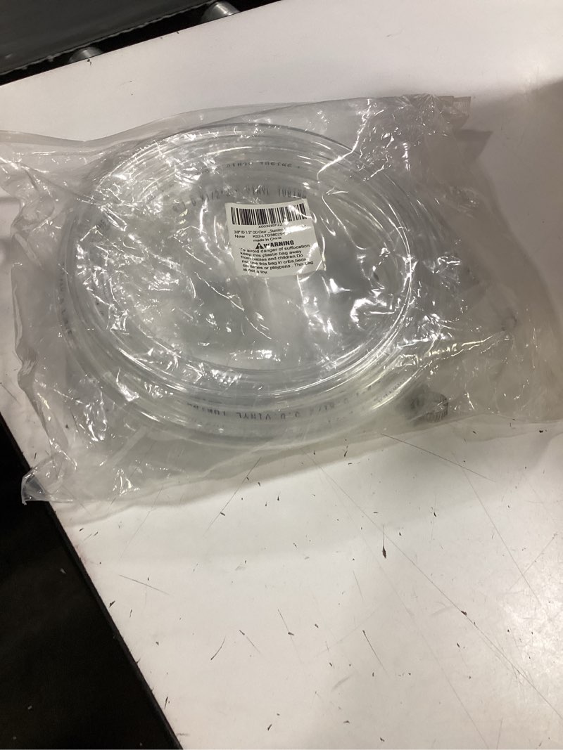 Condition photo showing New/Like New for 3/8" id 1/2" od clear vinyl tubing-25 ft, 60psi, flexible plastic tubing, bpa free and non-toxic, multipurpose clear tubing reinforced with 2 stainless screw clamps