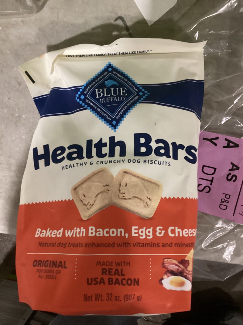 Condition photo showing As Is for Blue Buffalo Health Bars Mini Crunchy Dog Biscuits, Oven-Baked with Natural Ingredients, Bacon, Egg & Cheese, 32-oz Bag