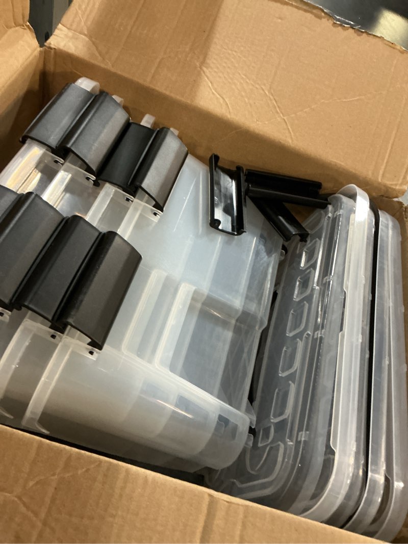 Condition photo showing Good Condition for lifemaster stackable storage box set - 4 pieces 12 quarts multi-purpose, space-efficient stackable storage boxes with nestable design, secure latches, easy-move wheels & pull-out base - clear