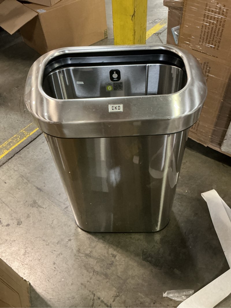 Condition photo showing As Is for eko urban slim 15.8 gallon commercial trash can, brushed stainless steel open top garbage can