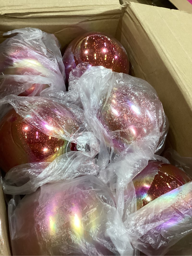 Condition photo showing Good Condition for Wettarn 24 Pcs 4 Inch Glittering Christmas Balls Fantasy Plastic Shiny Christmas Iridescent Ornaments Balls for DIY Crafts Hanging with Lid and Rope for Xmas Tree Party Decor(Ruby)