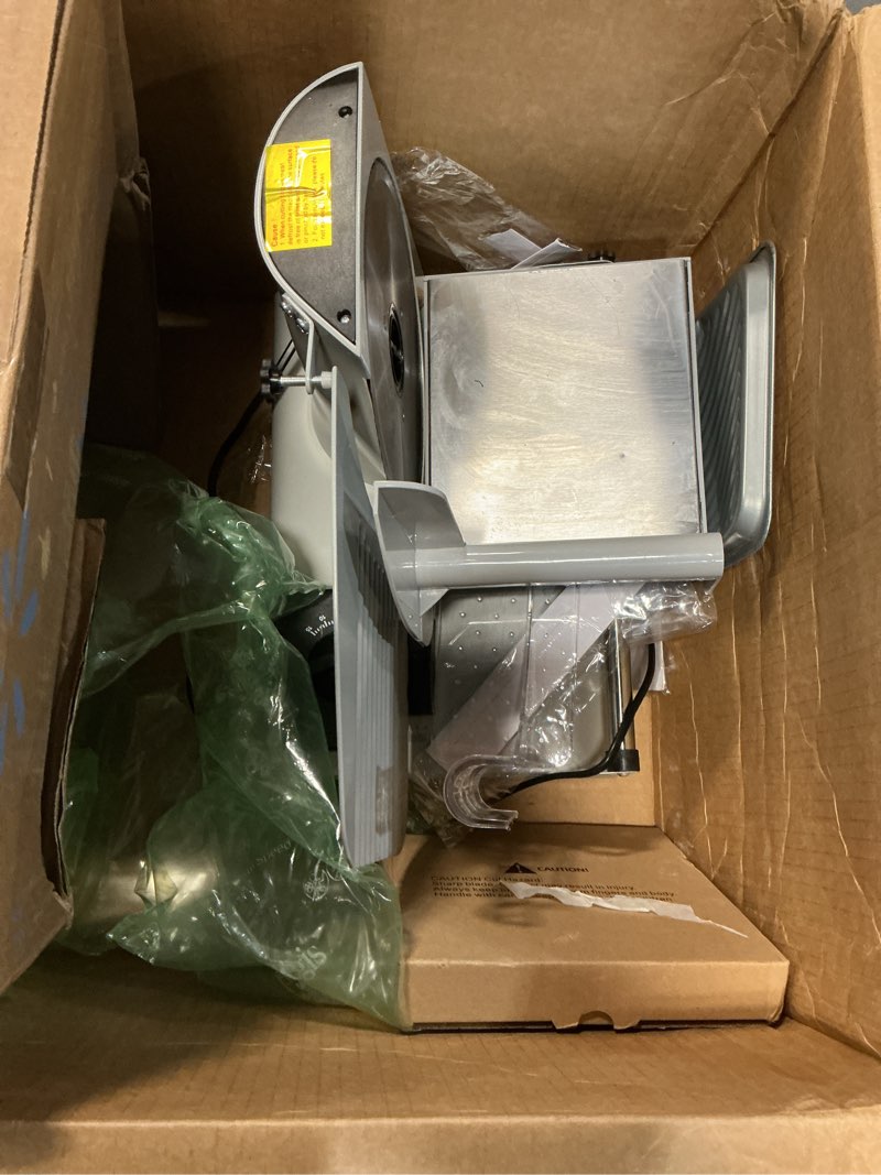 Condition photo showing As Is for meat slicer machine for home - 200w electric food slicer with 2 removable 7.5" stainless steel blades and tray, adjustable and child lock protection, slicer machine for meat bread