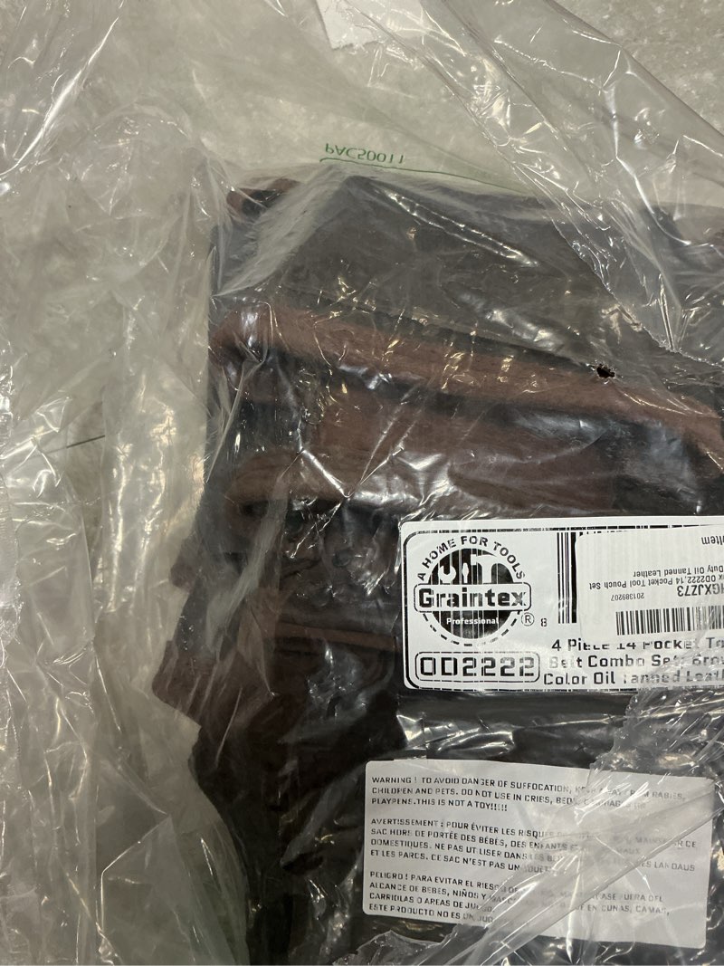 Condition photo showing Good Condition for Graintex 13 Pocket Framers Tool Belt, 4 Pc Combo Industrial Grade Leather Tool Pouch, 2” Leather Belt & Hammer Holder, Bags for Drywall Tools, Electricians, Plumbers Brown Oil Tanned 13 Pockets