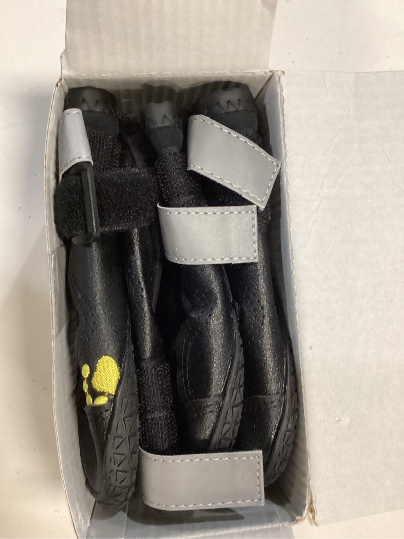 Condition photo showing Good Condition for qumy dog shoes for large dogs, medium dog boots & paw protectors for winter snowy day, summer hot pavement, water-resistant in rainy weather, outdoor walking, indoor hardfloors skid-resistant sole black size 8: 3.0''x3.3"(w*l) (pack of 4)