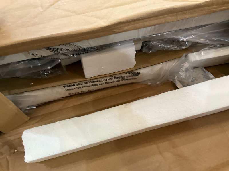 Condition photo showing As Is for rolanstar queen bed frame with led light and charging station, upholstered high headboard and footboard, wood slats, noise free, easy assembly, beige beige queen