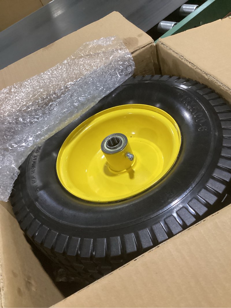 Condition photo showing Good Condition for ar-pro (2 pack) 13x5.00-6 flat free front tire and wheel assembly, solid riding lawn mower wheels, 3"-6" offset hub (adjustable), 3/4"&5/8"&1/2" bearing, 400 lb load 13 x 5.00-6" flat-free (offset hub) yellow