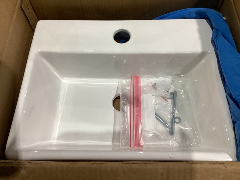 Condition photo showing Good Condition for Wall Mounted Bathroom Vessel Sink, QISHKA 15" X 12" Rectangular Floating Ceramic Wash Hand Basin White Wall Hung Vanity Sink for Bathroom and Cloakroom White 15" x 12" x 4.7"