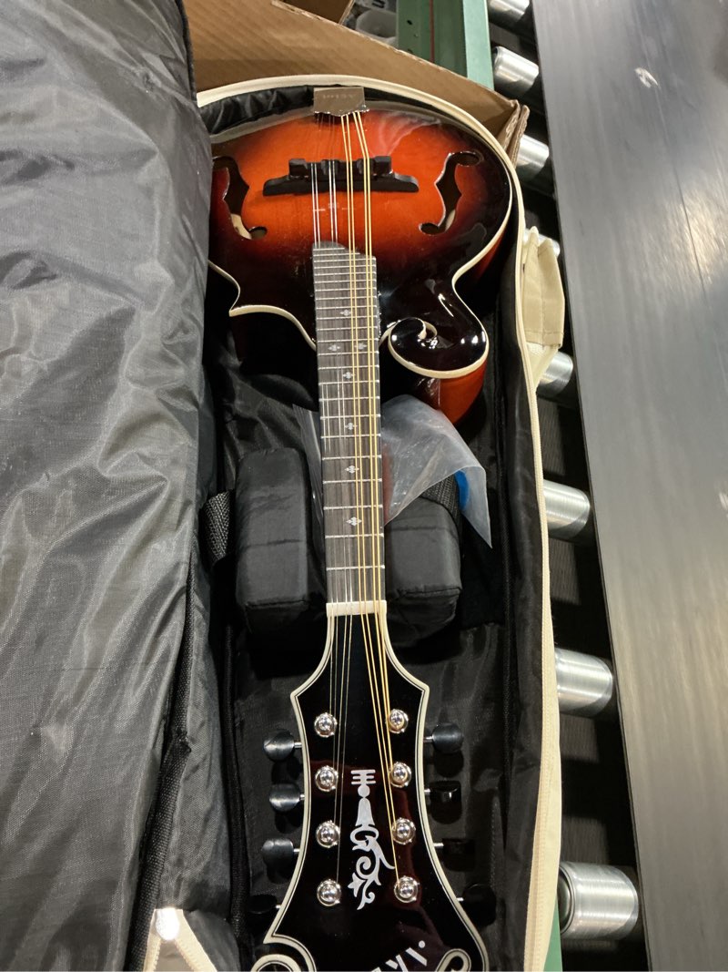 Condition photo showing Good Condition for aklot f-style acoustic mandolin instrument: hand-carved classic scroll headstock, spruce top with malayan kauri back & sides, natural bone nut, deluxe mandolin bundle with padded bag, tuner (rv-fsg) yellow