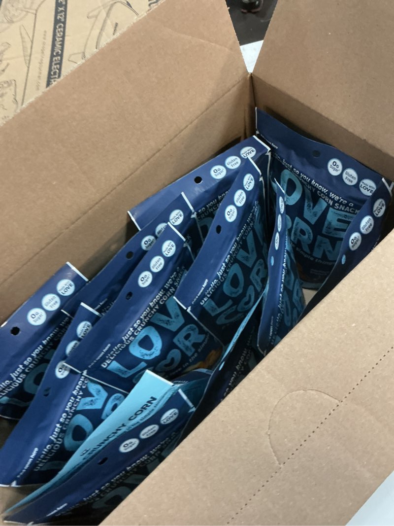 Condition photo showing Good Condition for ( Best BY:01/08/2026) Love Corn Sea Salt Flavored Crunchy Corn, Gluten Free, Kosher, 4 Ounces (Pack Of 12)